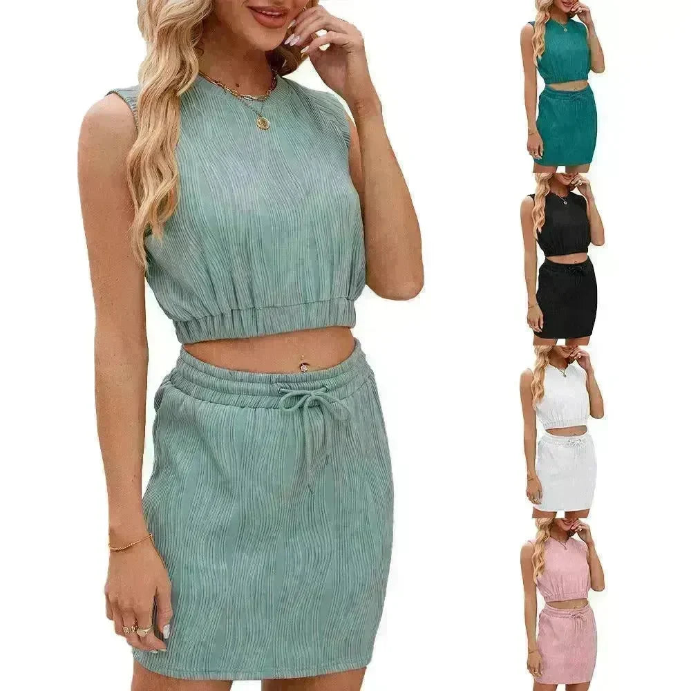Wave Pattern Design Suit For Women Round Neck Sleeveless Top And Drawstring Design Short Skirt Fashion 2-piece Set Summer Clothing - EX-STOCK CANADA