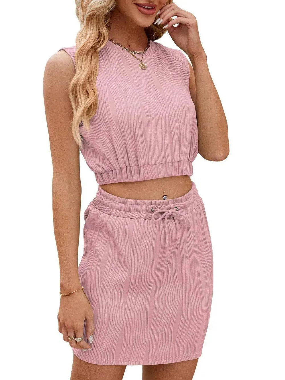 Wave Pattern Design Suit For Women Round Neck Sleeveless Top And Drawstring Design Short Skirt Fashion 2-piece Set Summer Clothing - EX-STOCK Canada