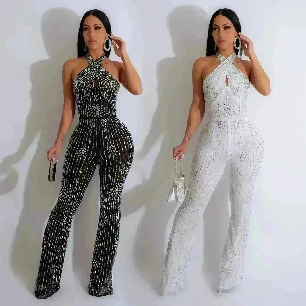 Wear Solid Color Rhinestone Sleeveless Halter Trousers Jumpsuit - EX-STOCK CANADA