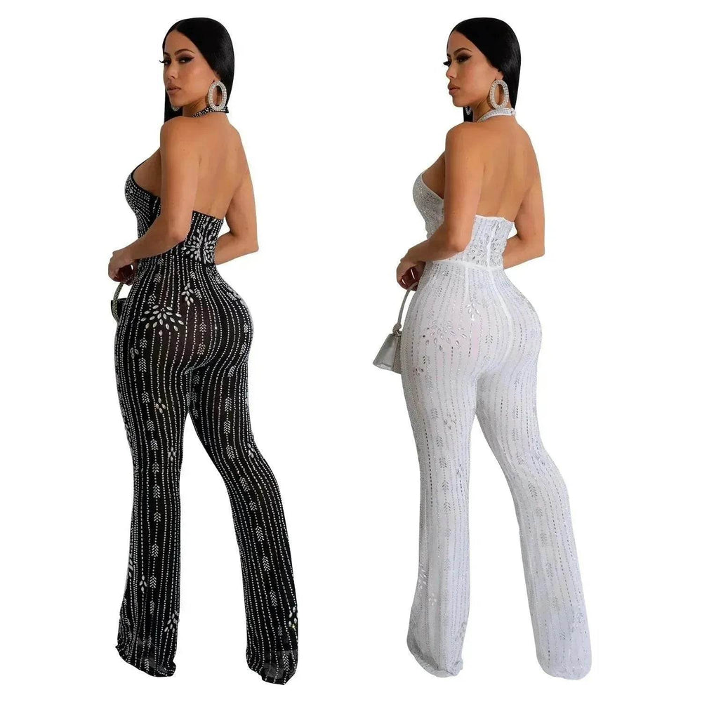 Wear Solid Color Rhinestone Sleeveless Halter Trousers Jumpsuit - EX-STOCK Canada