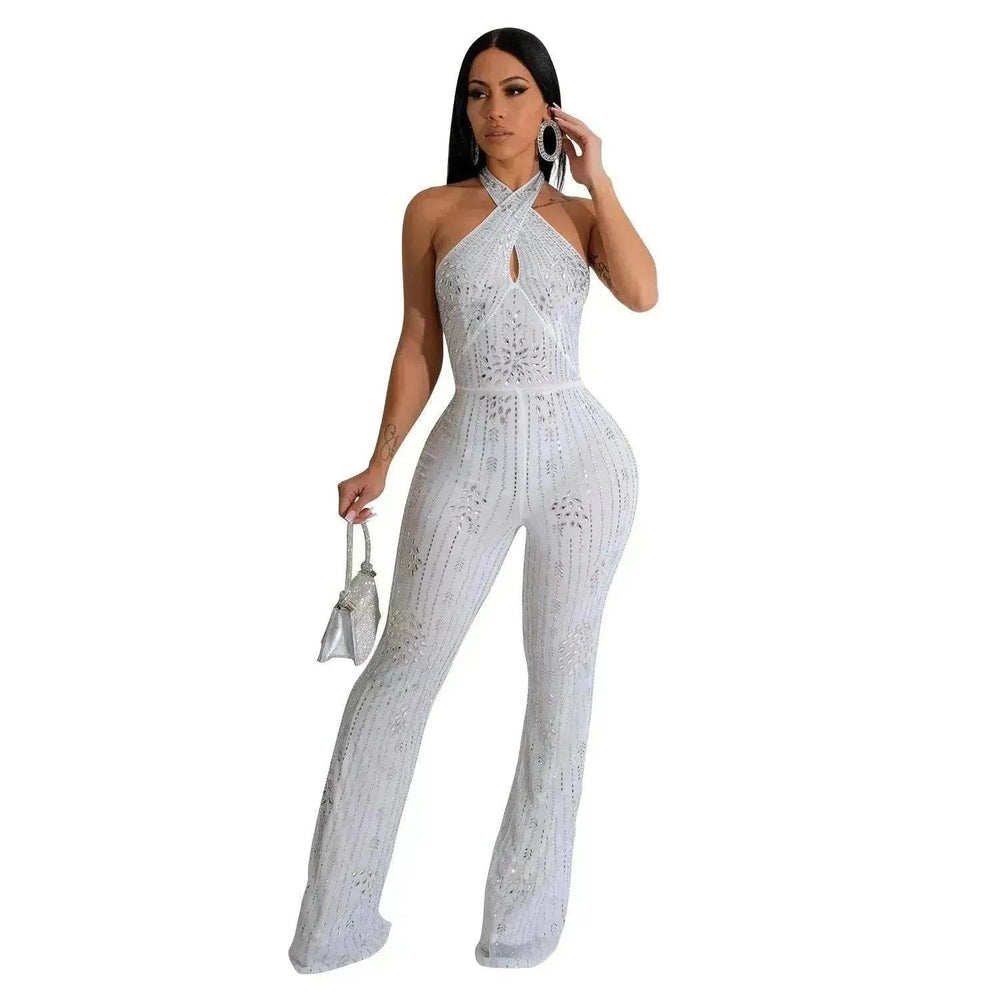 Wear Solid Color Rhinestone Sleeveless Halter Trousers Jumpsuit - EX-STOCK Canada
