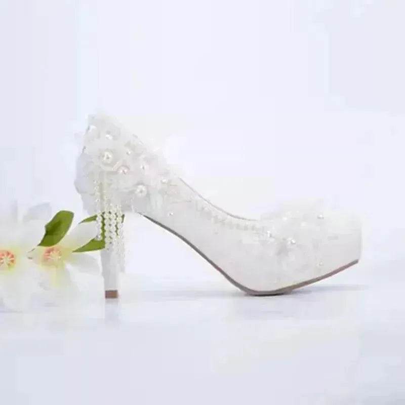 White Lace Flower High Heels Tassel Bridal Wedding Bridesmaid Shoes - EX-STOCK Canada