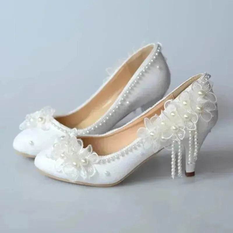 White Lace Flower High Heels Tassel Bridal Wedding Bridesmaid Shoes - EX-STOCK Canada