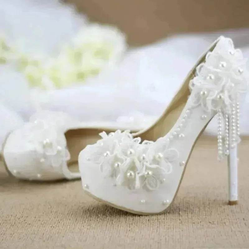 White Lace Flower High Heels Tassel Bridal Wedding Bridesmaid Shoes - EX-STOCK Canada