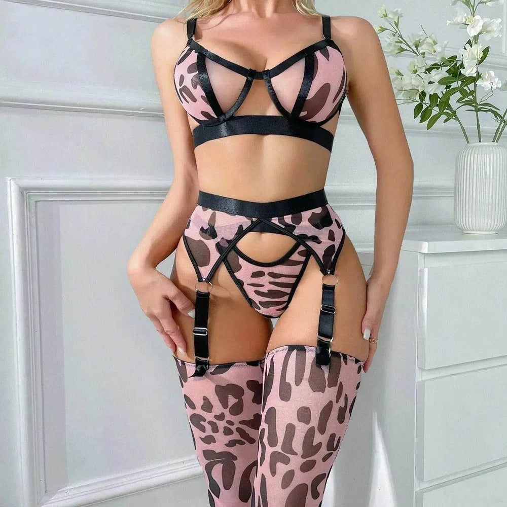 Wild Leopard Print Mesh Hollow Lingerie Stockings Charming Lingerie Set - EX-STOCK Canada