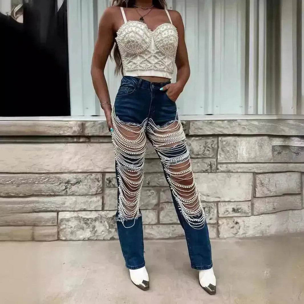 Women Creative Casual Ripped Denim Jeans Straight Leg Pant Trouser - EX-STOCK Canada