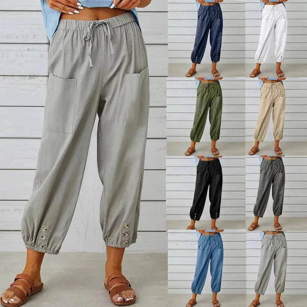 Women Drawstring Tie Pants Spring Summer Cotton And Linen Trousers With Pockets Button - EX-STOCK Canada