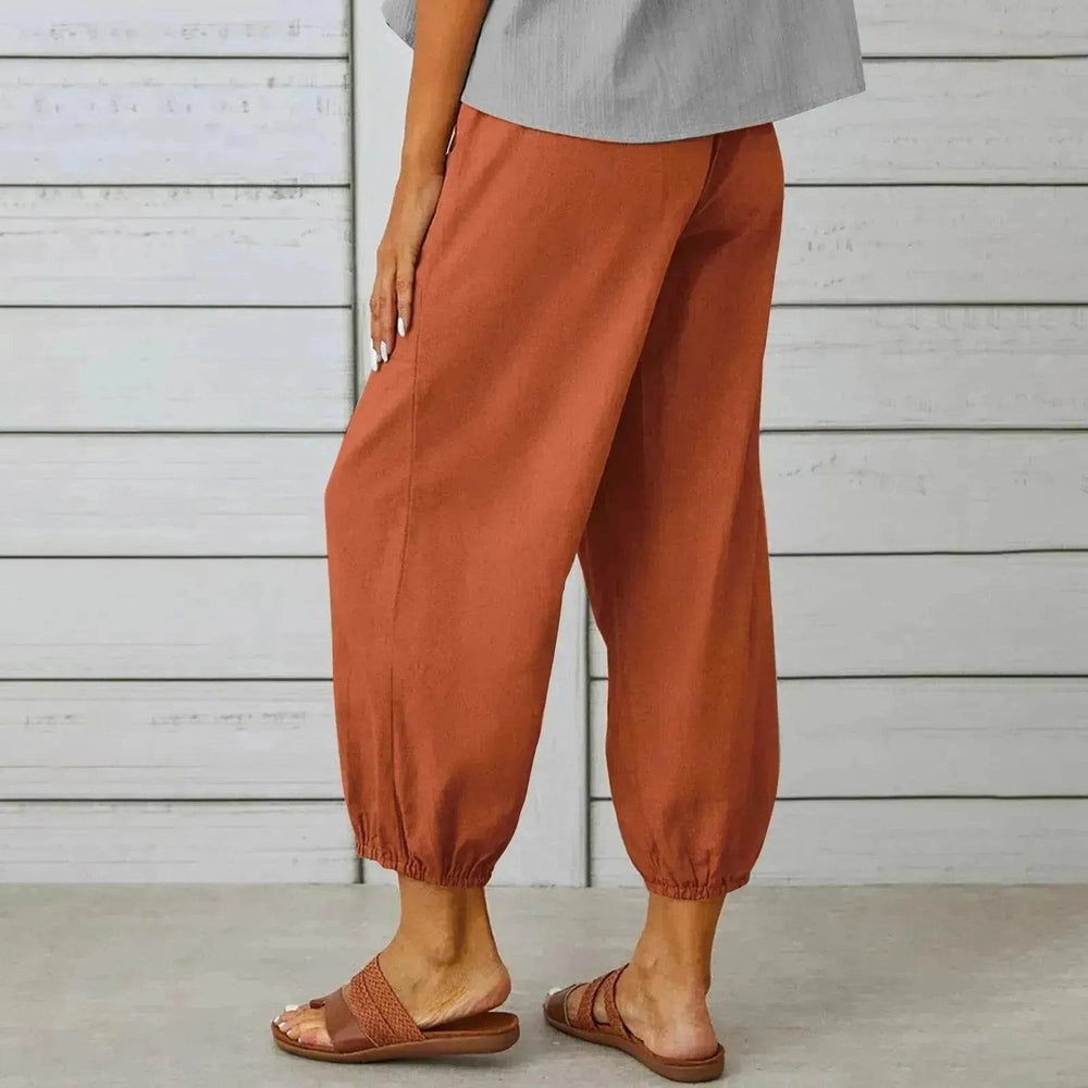 Women Drawstring Tie Pants Spring Summer Cotton And Linen Trousers With Pockets Button - EX-STOCK Canada