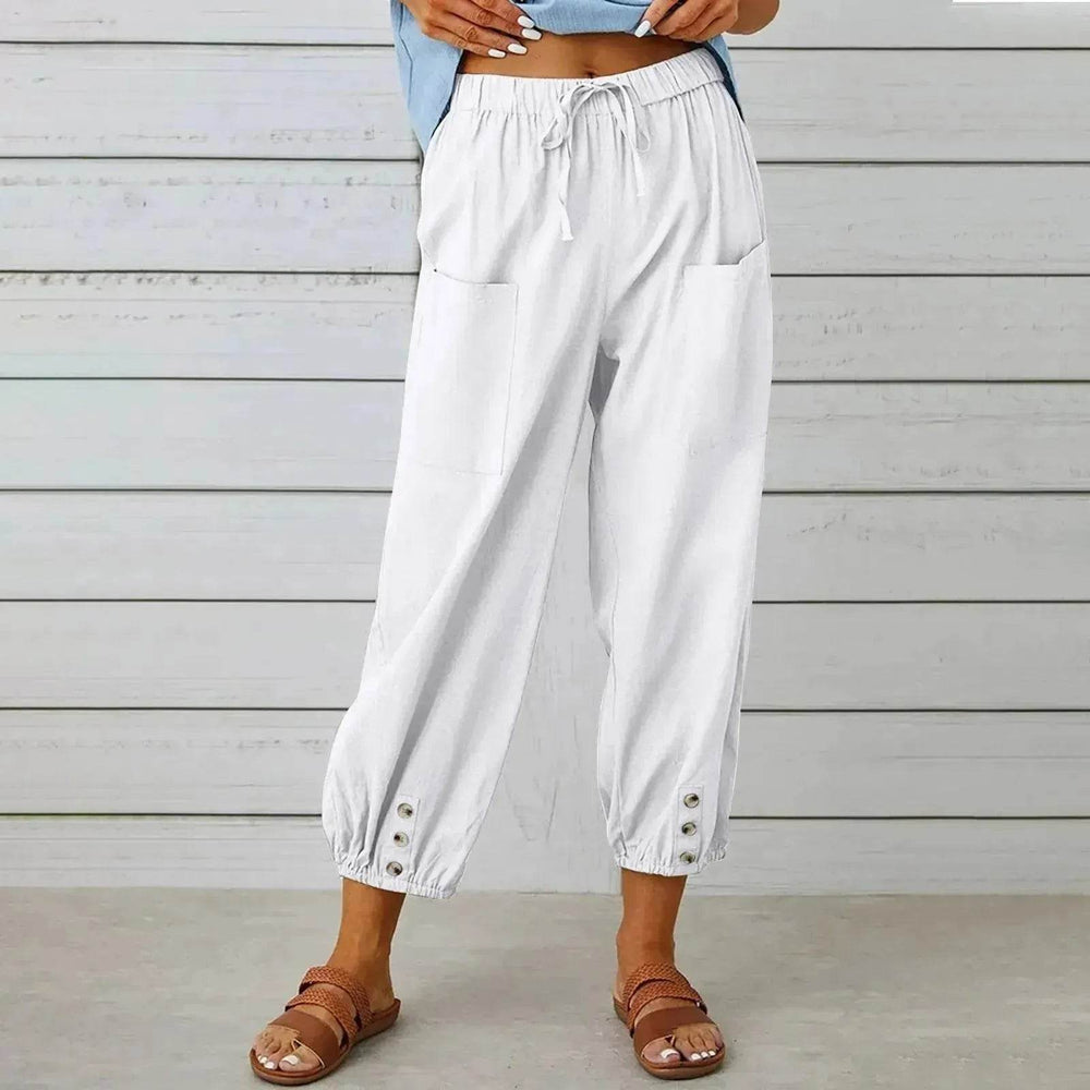 Women Drawstring Tie Pants Spring Summer Cotton And Linen Trousers With Pockets Button - EX-STOCK Canada