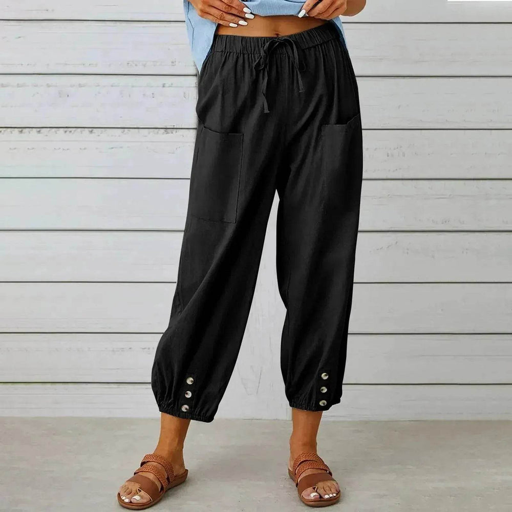 Women Drawstring Tie Pants Spring Summer Cotton And Linen Trousers With Pockets Button - EX-STOCK Canada