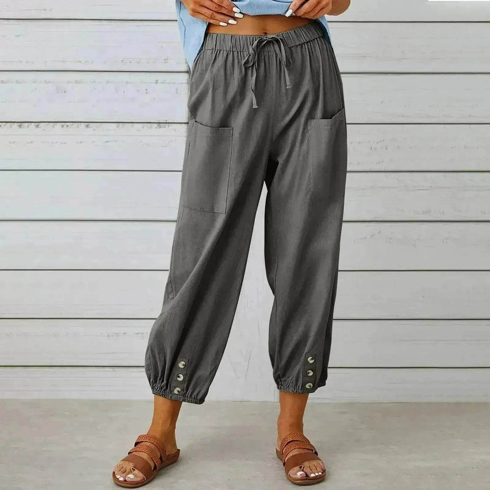 Women Drawstring Tie Pants Spring Summer Cotton And Linen Trousers With Pockets Button - EX-STOCK Canada