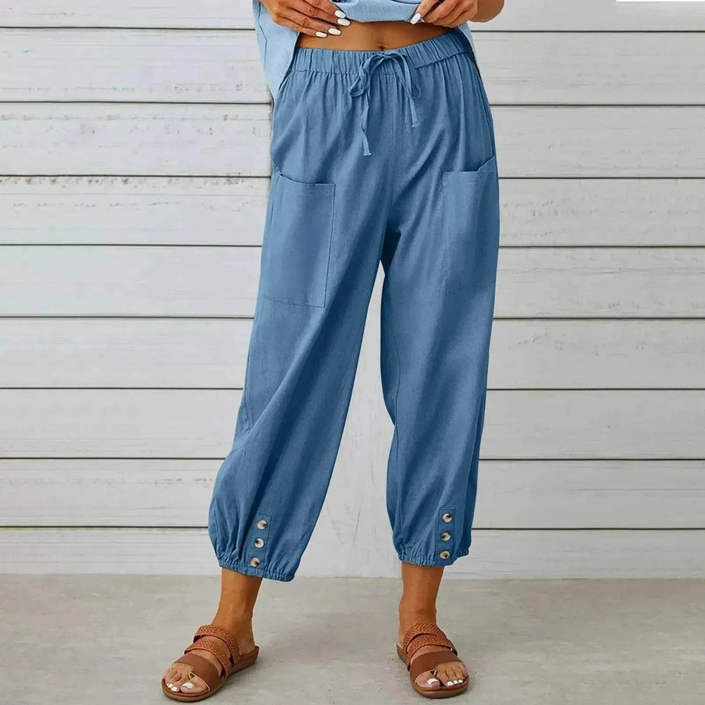 Women Drawstring Tie Pants Spring Summer Cotton And Linen Trousers With Pockets Button - EX-STOCK Canada