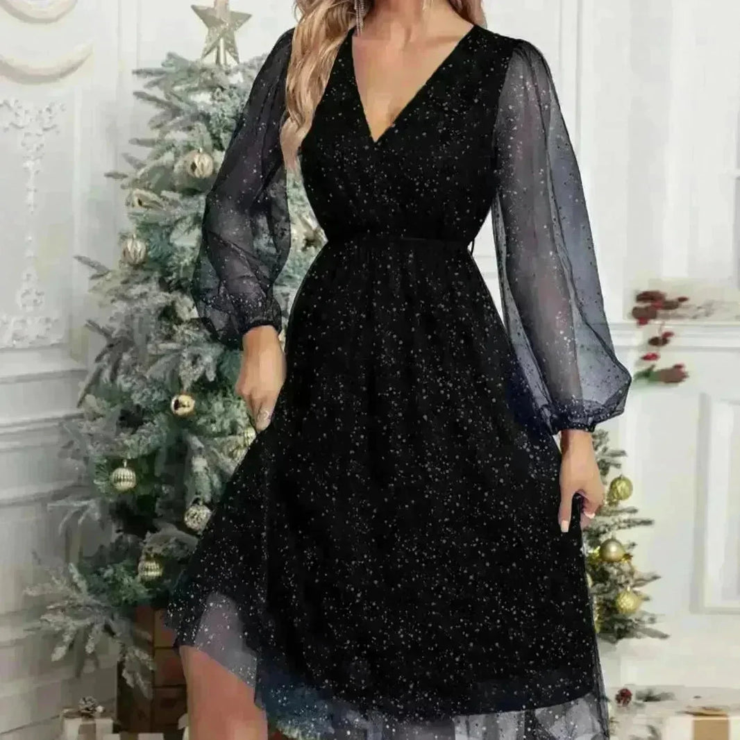 Women Fashion Stitching Mesh V-Neck Midi Dress - EX-STOCK CANADA
