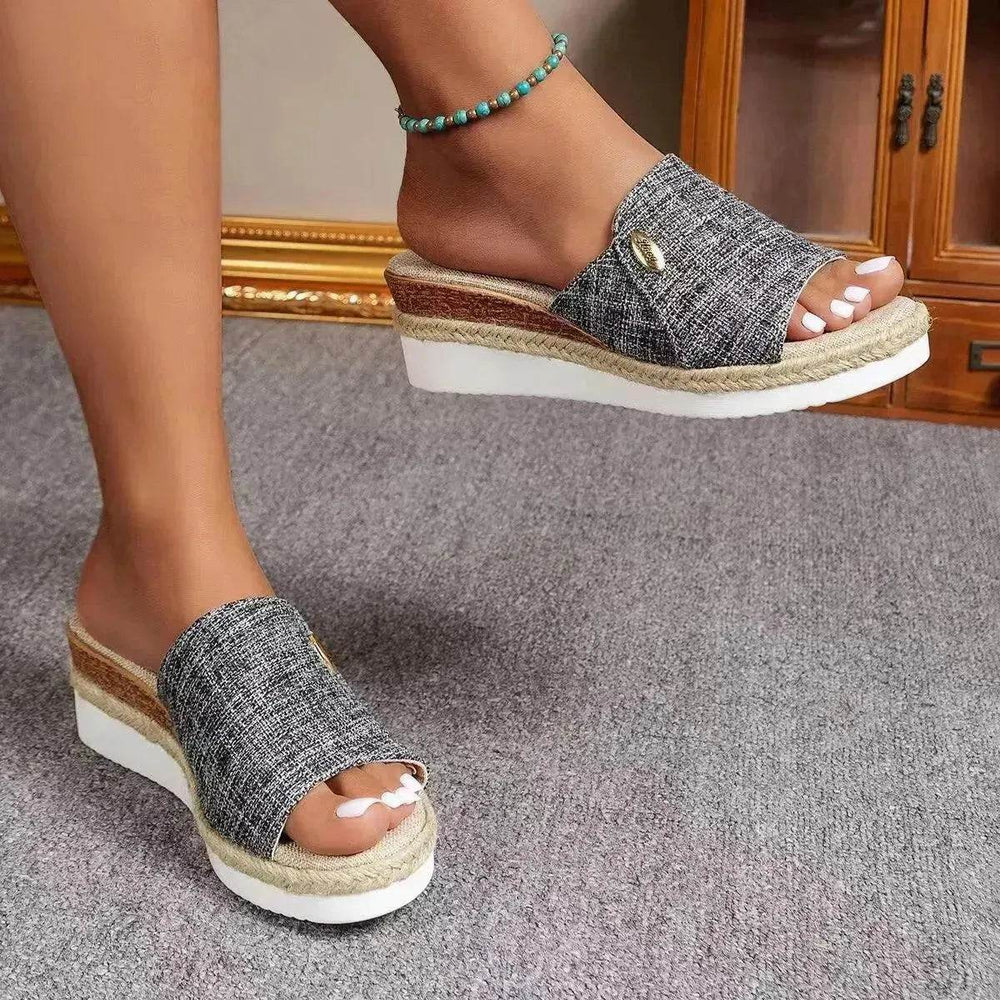 Women Fashionable Denim Canvas Summer Outdoor Hemp High Heel Slippers - EX-STOCK Canada