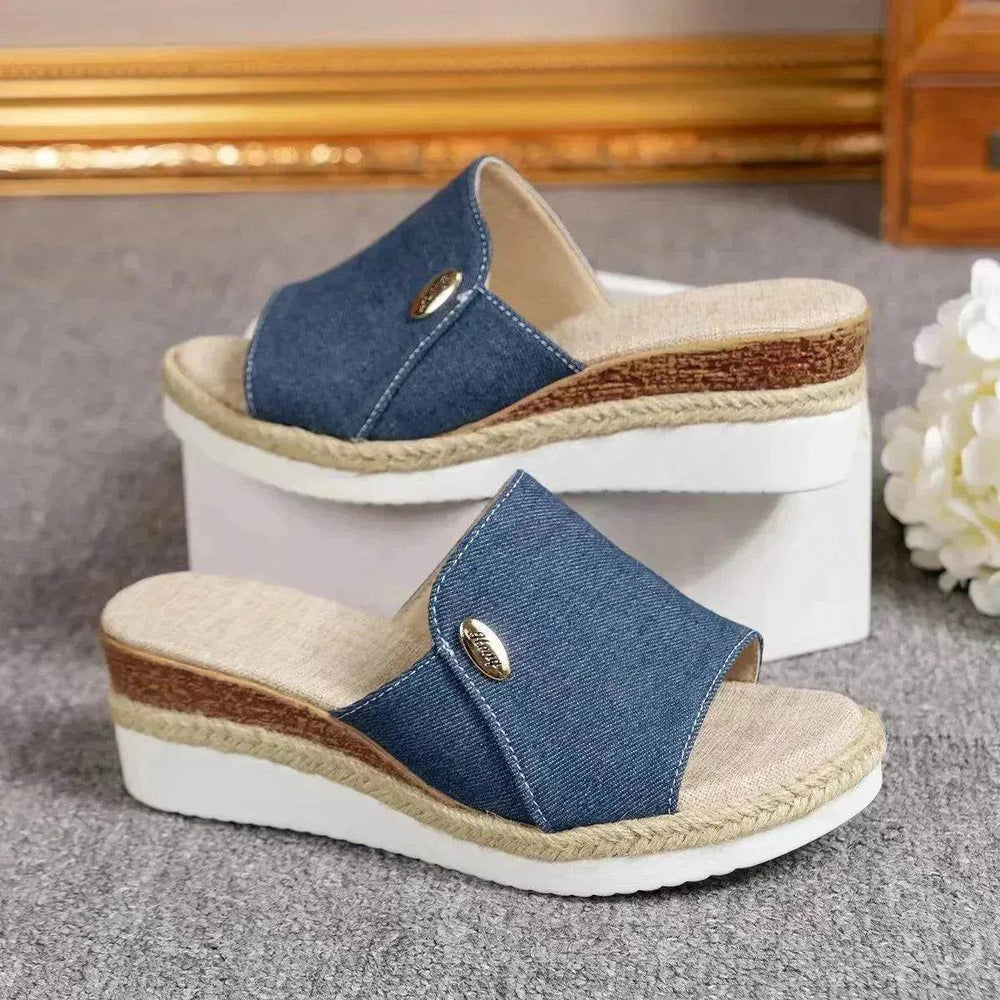Women Fashionable Denim Canvas Summer Outdoor Hemp High Heel Slippers - EX-STOCK Canada