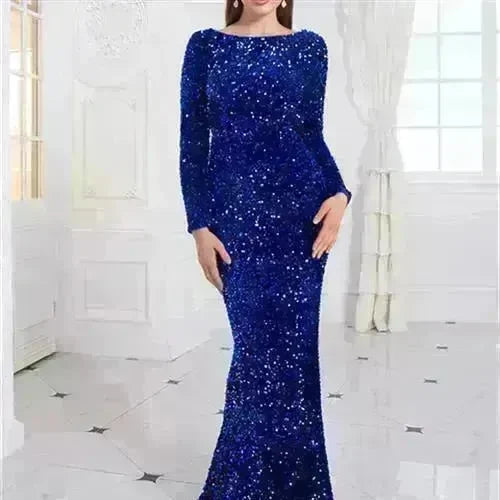 Women Modest Stretch Sequin Royal Blue Evening Prom Gown Party - EX-STOCK CANADA