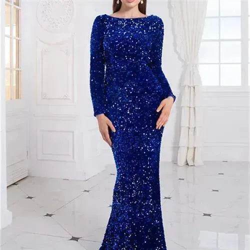 Women Modest Stretch Sequin Royal Blue Evening Prom Gown Party - EX-STOCK Canada