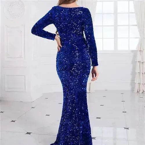 Women Modest Stretch Sequin Royal Blue Evening Prom Gown Party - EX-STOCK Canada
