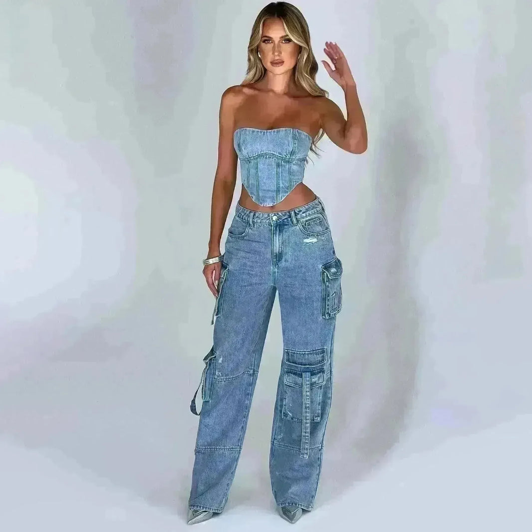 Women's American-style Low Waist Three-dimensional Pocket Stitching Jeans Denim Cargo Pant Trouser. Denim Outfit Set - EX-STOCK CANADA