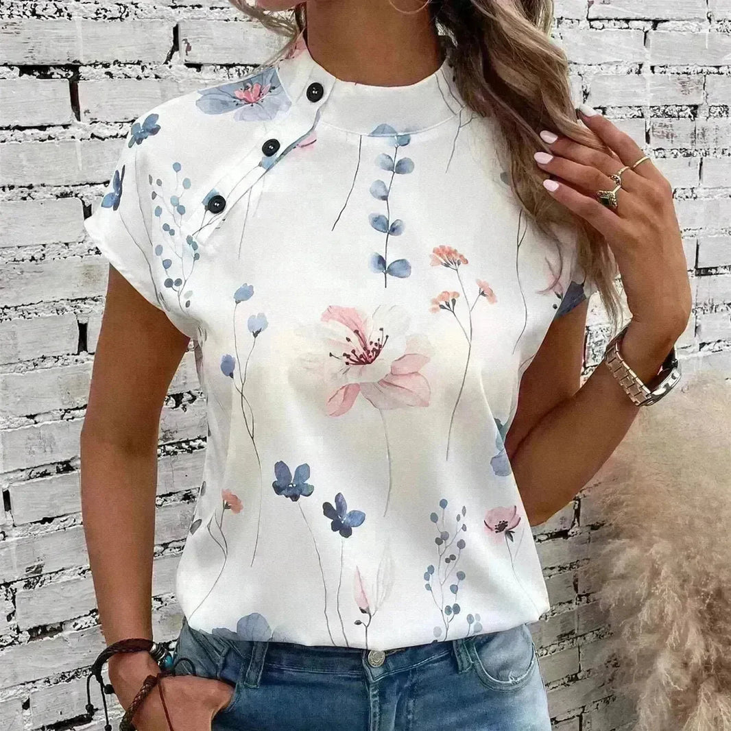 Women's Casual Stand Collar Short-sleeved Digital Printed Top T-shirt - EX-STOCK CANADA