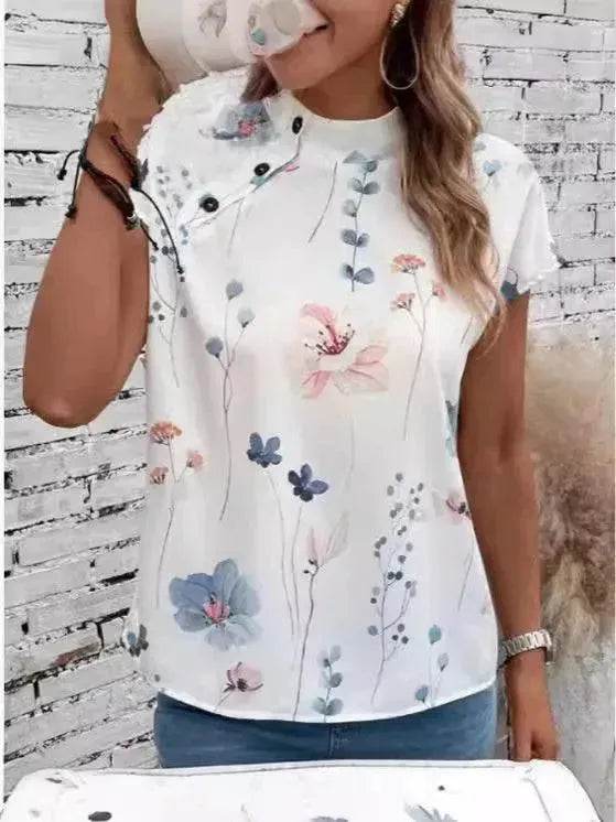 Women's Casual Stand Collar Short-sleeved Digital Printed blouse top - EX-STOCK Canada