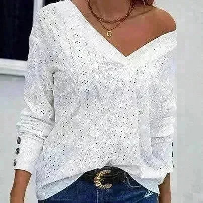 Women's Casual V-neck Long Sleeved Lace Casual Embroidered Shirt top - EX-STOCK CANADA