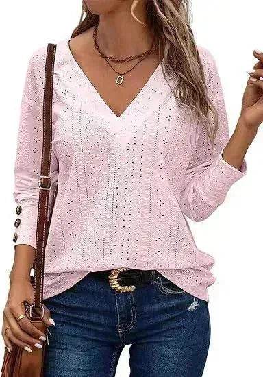 Women's Casual V-neck Long Sleeved Lace Casual Embroidered Shirt top - EX-STOCK Canada