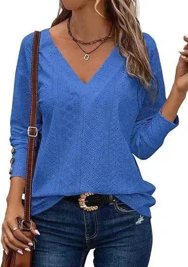 Women's Casual V-neck Long Sleeved Lace Casual Embroidered Shirt top - EX-STOCK Canada