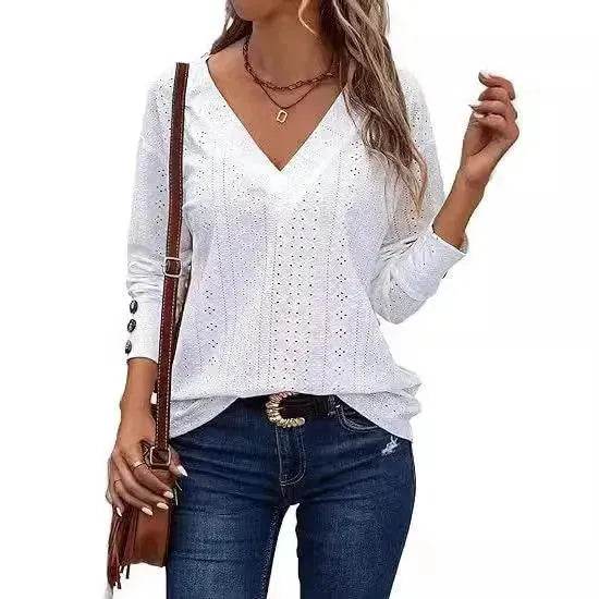 Women's Casual V-neck Long Sleeved Lace Casual Embroidered Shirt top - EX-STOCK Canada