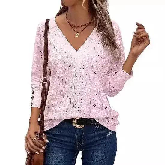 Women's Casual V-neck Long Sleeved Lace Casual Embroidered Shirt top - EX-STOCK Canada