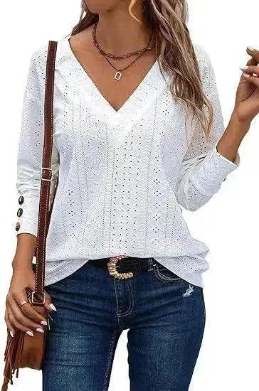 Women's Casual V-neck Long Sleeved Lace Casual Embroidered Shirt top - EX-STOCK Canada