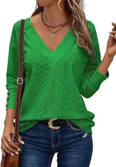 Women's Casual V-neck Long Sleeved Lace Casual Embroidered Shirt top - EX-STOCK Canada