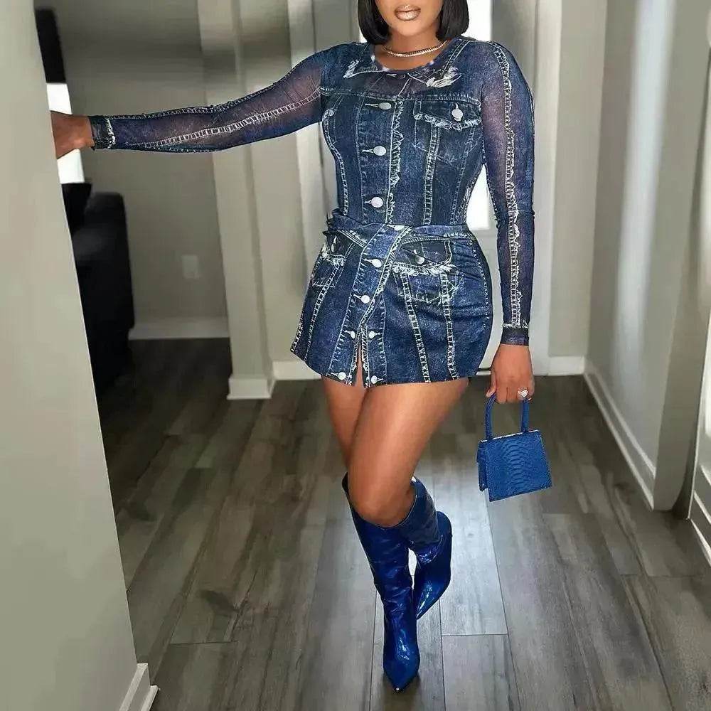 Women's Denim-like Printed Long-sleeved Jumpsuit - EX-STOCK Canada