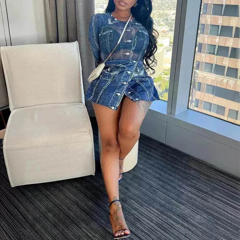 Women's Denim-like Printed Long-sleeved Jumpsuit - EX-STOCK Canada