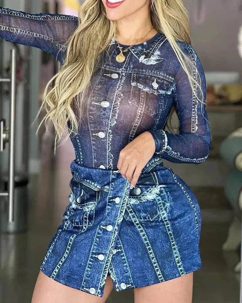 Women's Denim-like Printed Long-sleeved Jumpsuit - EX-STOCK Canada