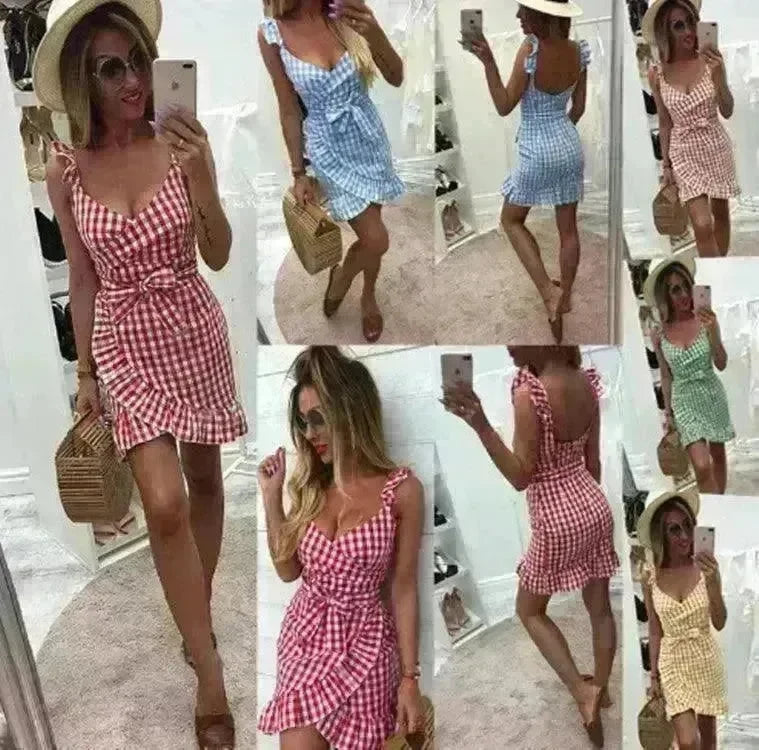 Women's Fashion Personality Summer Sleeveless Plaid Drawstring Casual Mini Dress - EX-STOCK CANADA