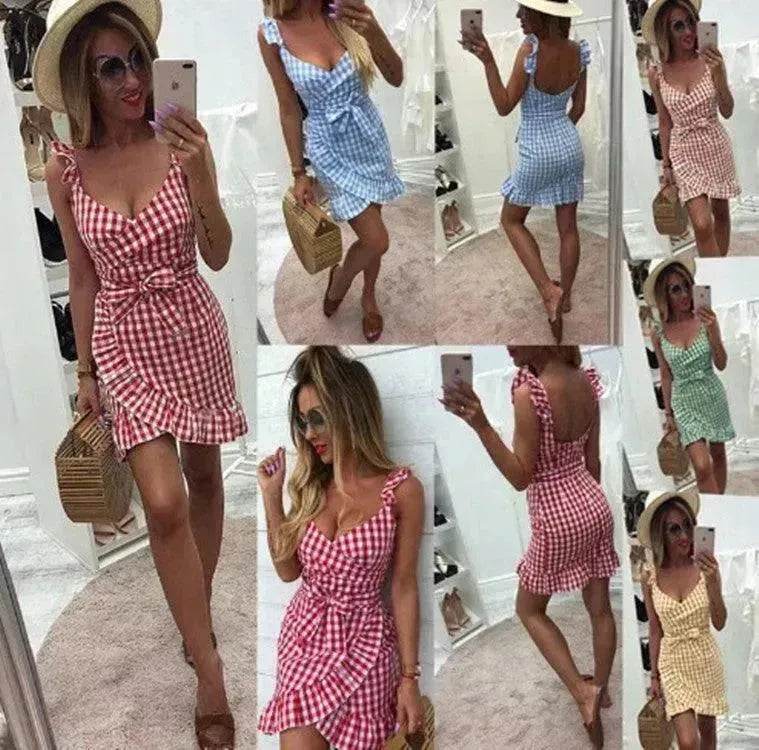 Women's Fashion Personality Summer Sleeveless Plaid Drawstring Casual Mini Dress - EX-STOCK Canada