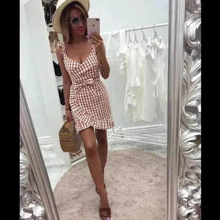 Women's Fashion Personality Summer Sleeveless Plaid Drawstring Casual Mini Dress - EX-STOCK Canada
