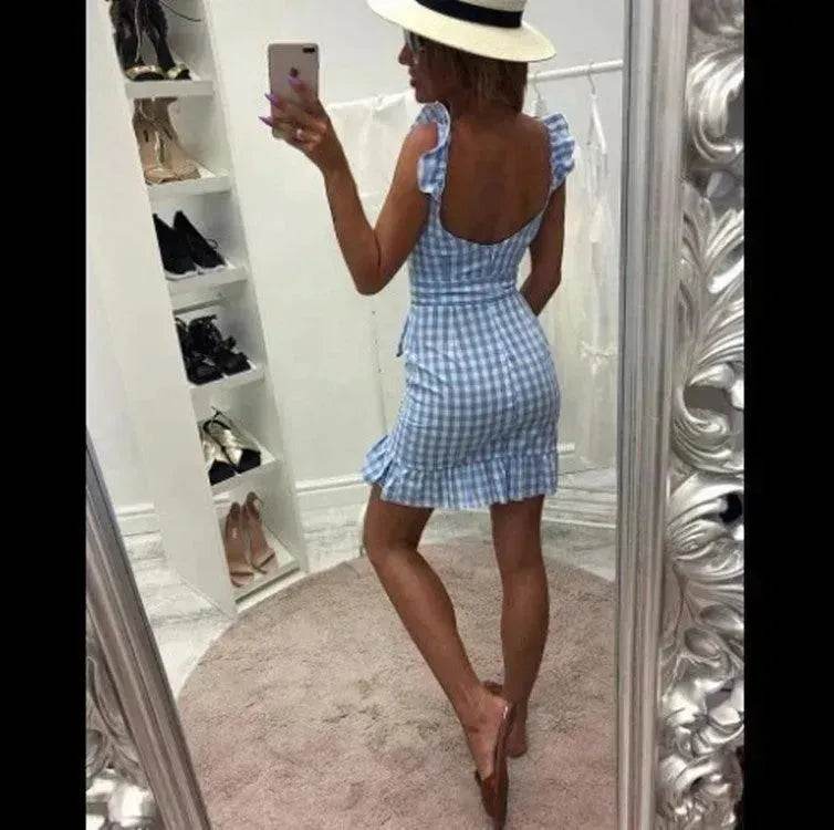 Women's Fashion Personality Summer Sleeveless Plaid Drawstring Casual Mini Dress - EX-STOCK Canada