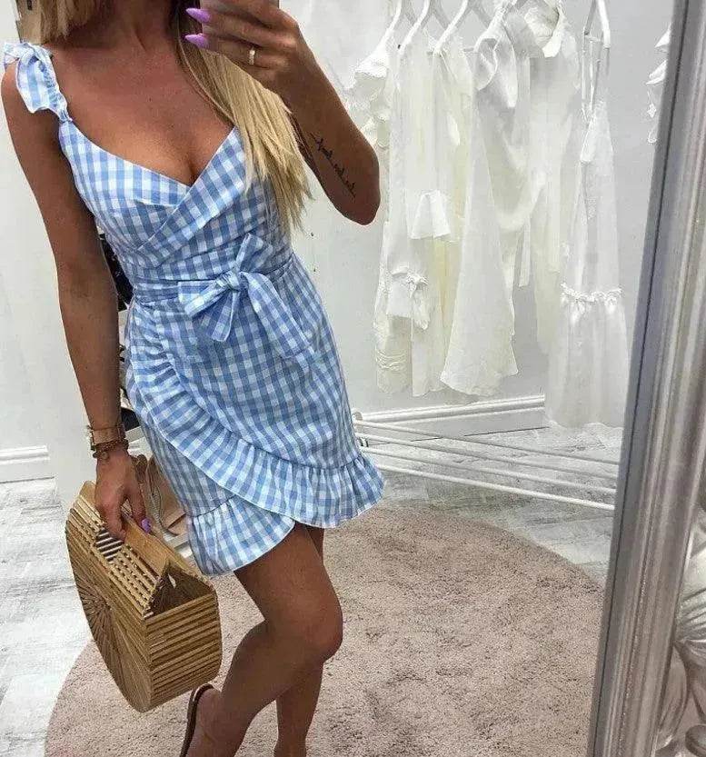 Women's Fashion Personality Summer Sleeveless Plaid Drawstring Casual Mini Dress - EX-STOCK Canada