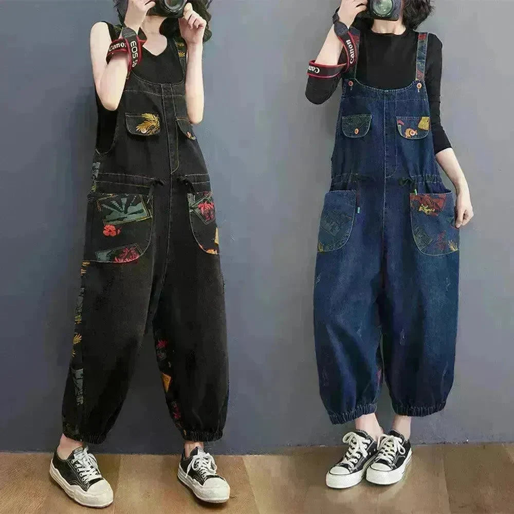 Women's Fashion Plus Size Age Reduction Print Suspender Jeans - EX-STOCK CANADA