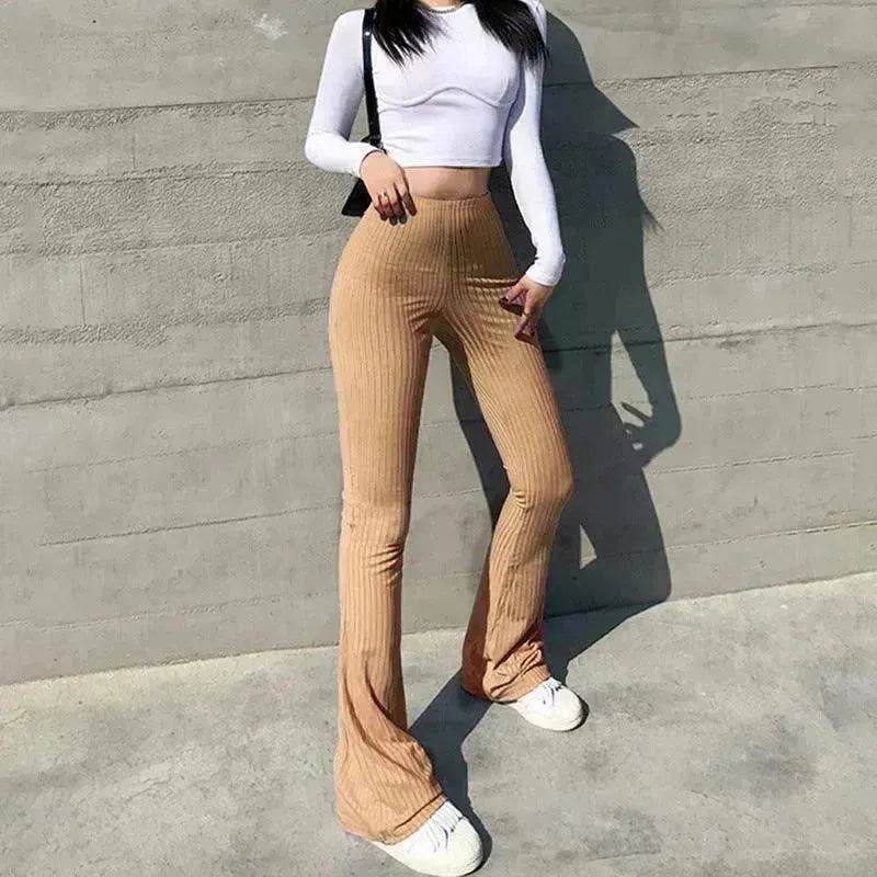 Women's Fashion Solid Color Tight-fitting High-waist Micro-cut Stretch Casual High rise Wide Leg Pant Trousers - EX-STOCK Canada