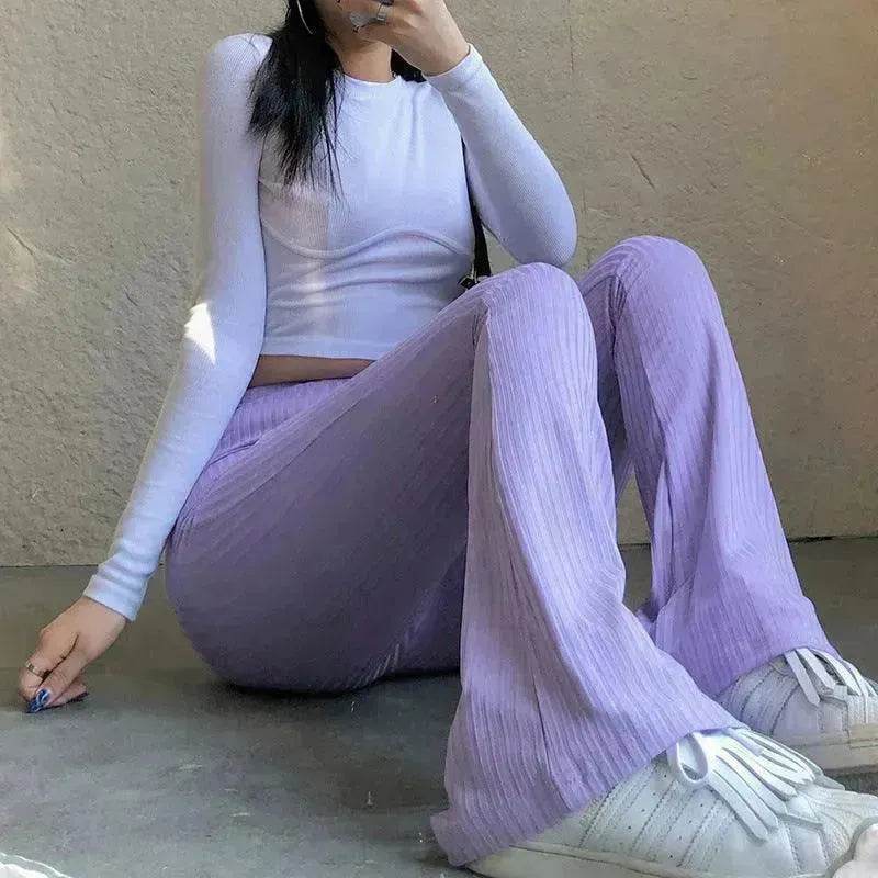 Women's Fashion Solid Color Tight-fitting High-waist Micro-cut Stretch Casual High rise Wide Leg Pant Trousers - EX-STOCK Canada