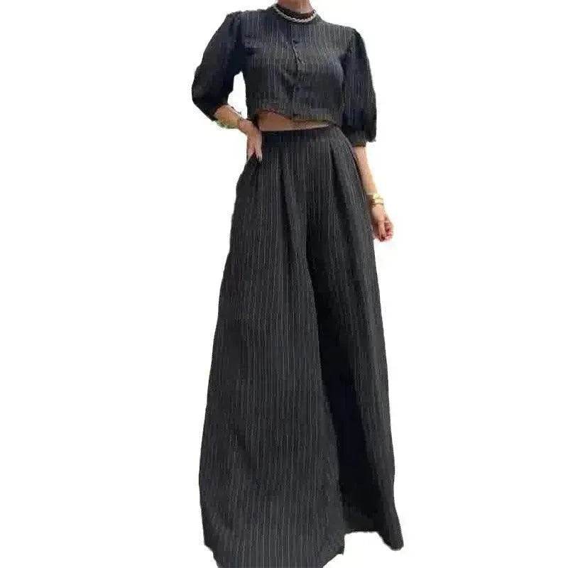 Women's Fashion Striped Printed Crew Neck Top Wide-leg Pants Two-piece Set - EX-STOCK Canada