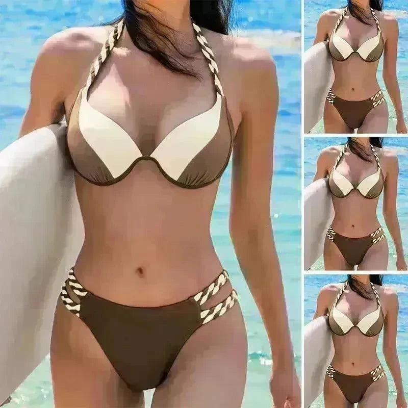 Women's Fashion Temperament Color Matching Triangle High Waist Bikini Swimsuit Two-piece - EX-STOCK CANADA