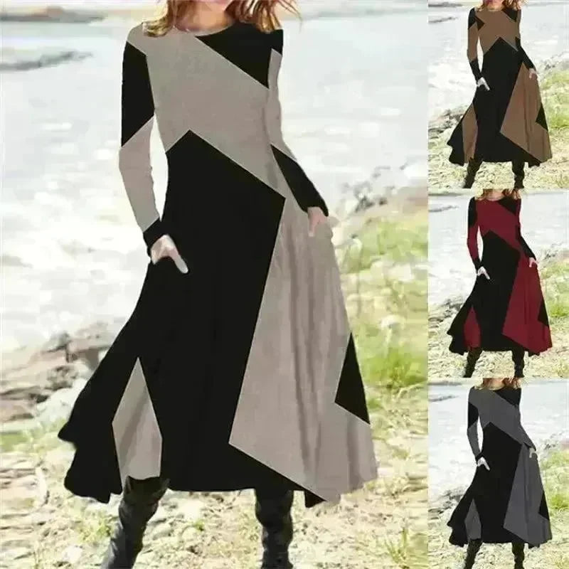 Women's Fashion Vintage Style Long Sleeve Maxi Dress - EX-STOCK CANADA