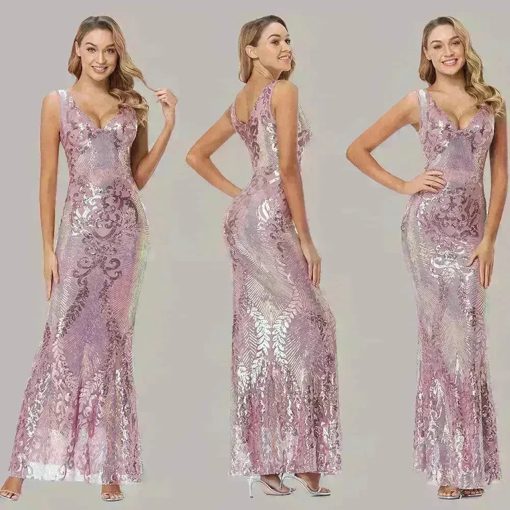 Women's Fashionable Sequin High Waist Sleeveless V-Neck Evening Gown - EX-STOCK CANADA