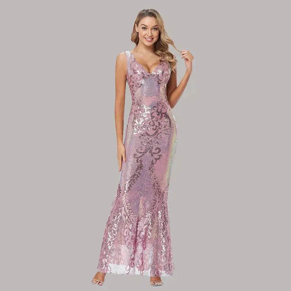 Women's Fashionable Sequin High Waist Sleeveless V-Neck Evening Gown - EX-STOCK Canada
