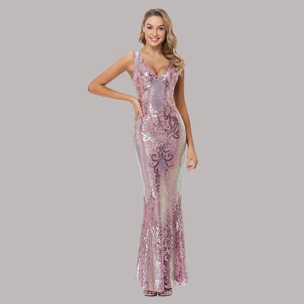 Women's Fashionable Sequin High Waist Sleeveless V-Neck Evening Gown - EX-STOCK Canada