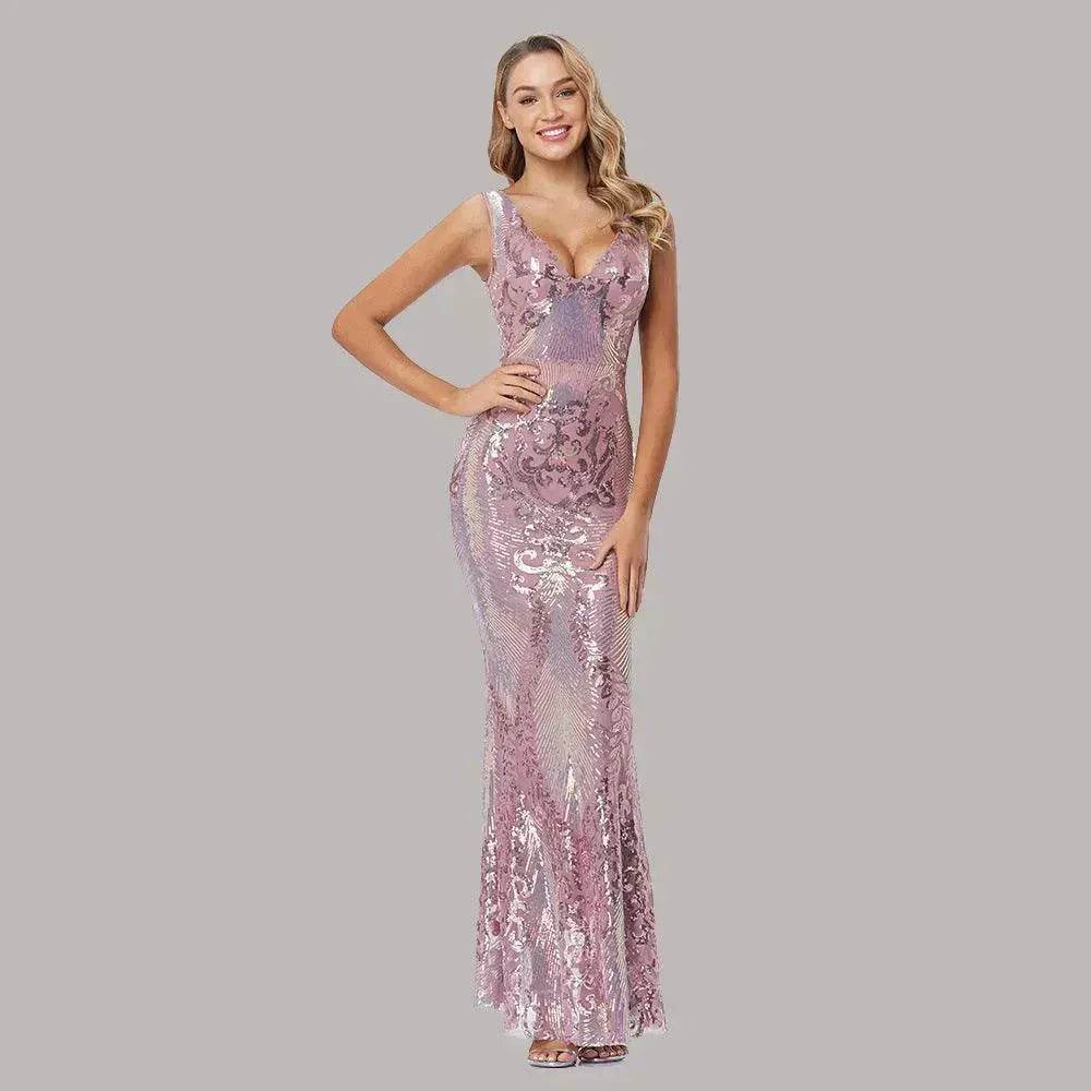 Women's Fashionable Sequin High Waist Sleeveless V-Neck Evening Gown - EX-STOCK Canada